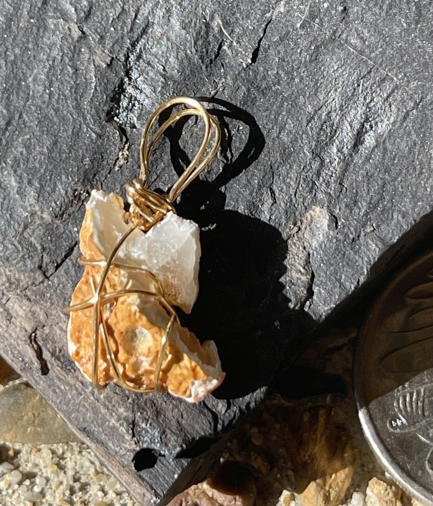 Sparkling white geode pendant with gold wire wrapping in a unique shape - WR-00026